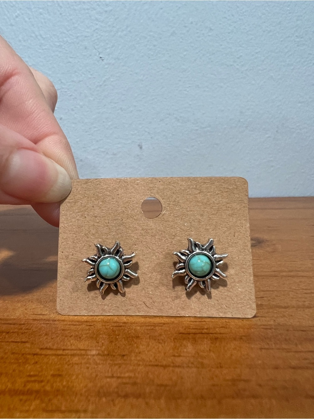Turquoise Color Silver Tone Sunburst Stud Earrings Boho Western Bohemian NEW